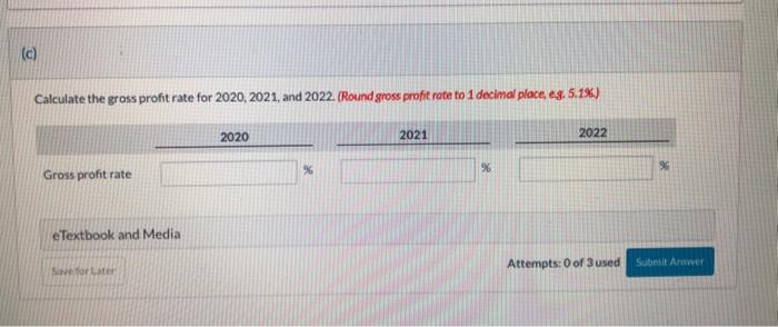 inventory turmover for 2020,2021 , and 2022. (Round inventory turnover to 1