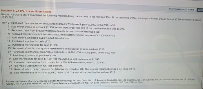  NET PRINTER VERSION BACK Problem 5-2A (Part Level Submission) Renner Hardware