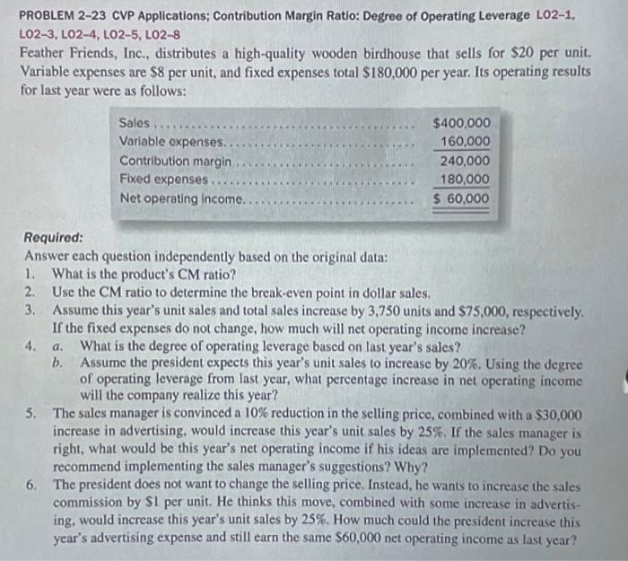  PROBLEM 2-23 CVP Applications; Contribution Margin Ratio: Degree of Operating Leverage