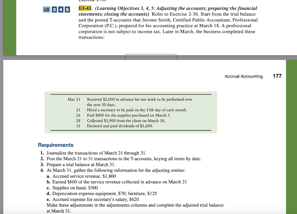 45 E3-43. (Learning Objectives 3, 4, 5: Adjusting the accounts; preparing