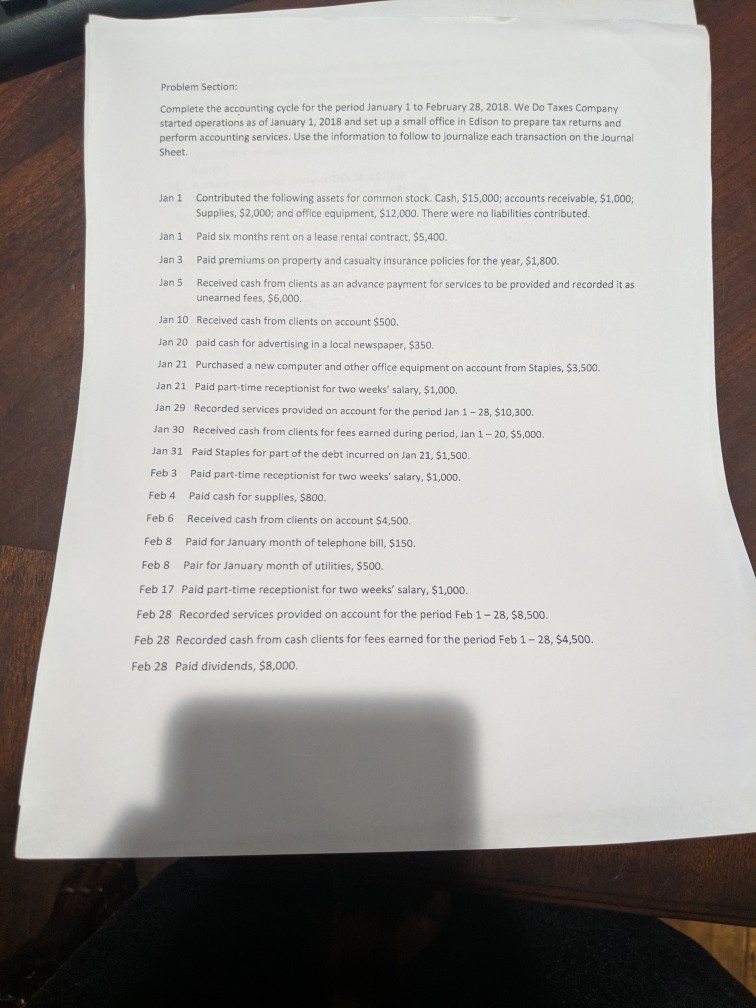 Problem Section: Complete the accounting cycle for the period January 1