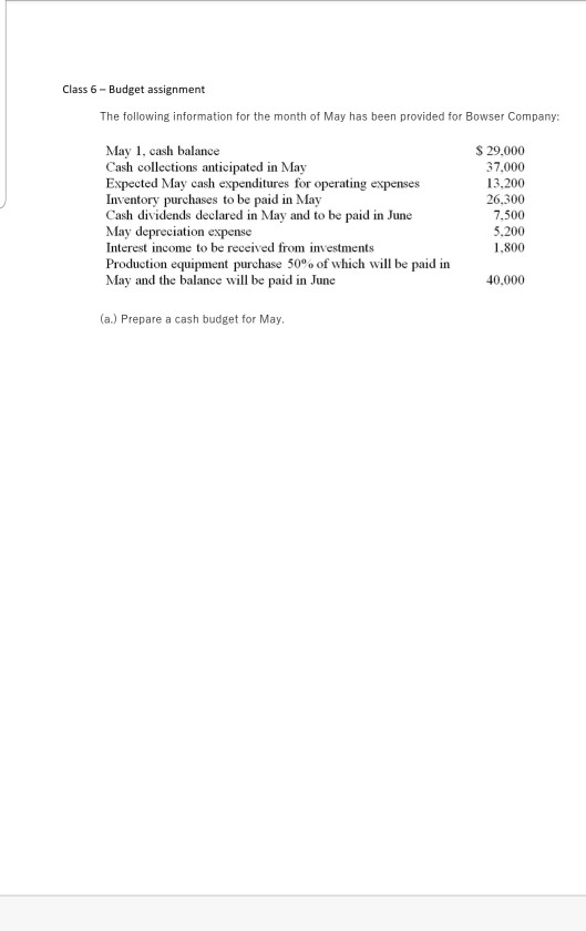  Class 6 - Budget assignment The following information for the month