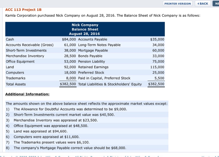  NE PRINTER VERSION BACK ACC 113 Project 1B Kamla Corporation purchased