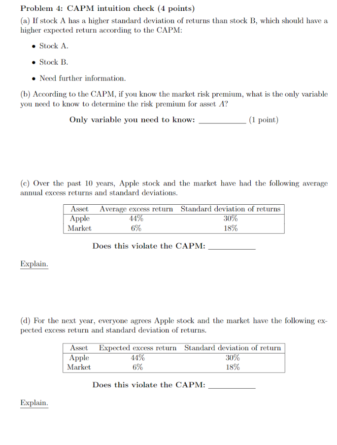 Problem 4: CAPM intuition check (4 points) (a) If stock A