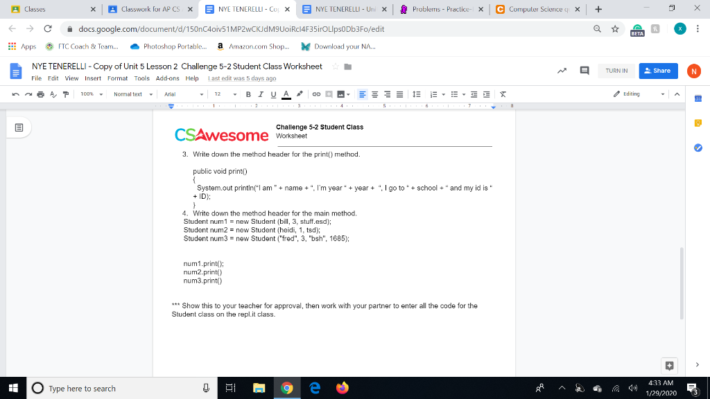  Classes x Classwork for AP CS X B NYE TENERELLI -