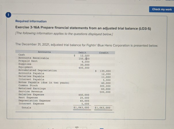  Check my work ! Required information Exercise 3-16A Prepare financial statements