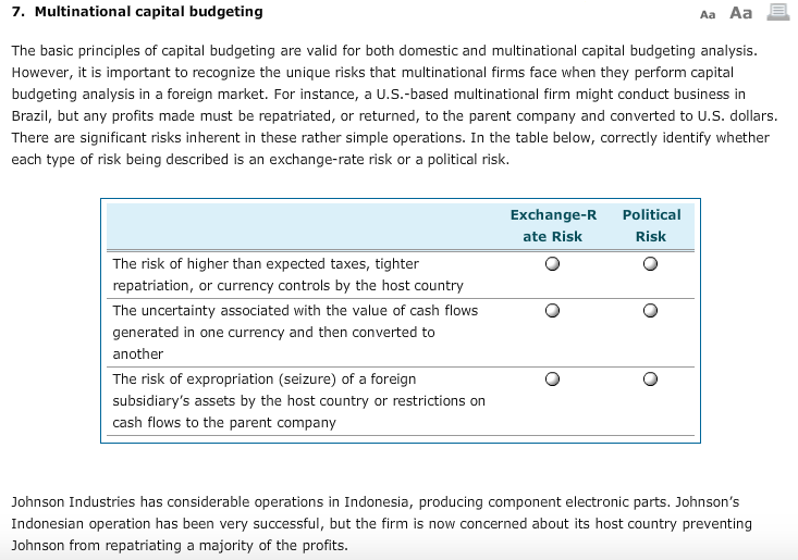  7. Multinational capital budgeting Aa Aa E. The basic principles of