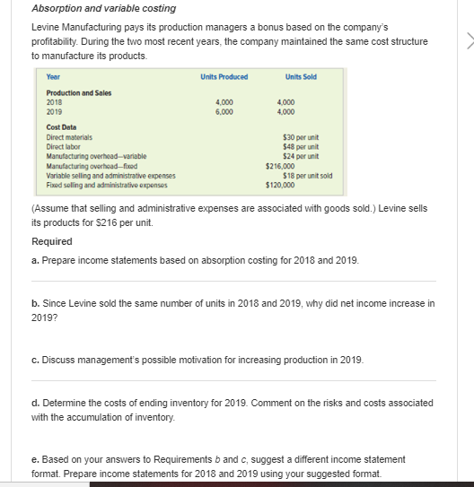 Absorption and variable costing Levine Manufacturing pays its production managers a