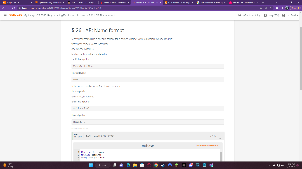 C++ Please C++ Please 5.26 LAB: Name format Many cocuments use a