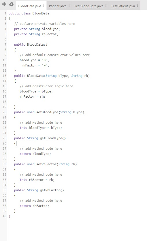 Open the file BloodData.java that includes fields that hold a blood type