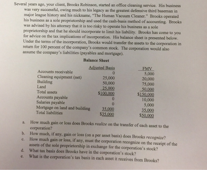  Several years ago, your client, Brooks Robinson, started an office cleaning