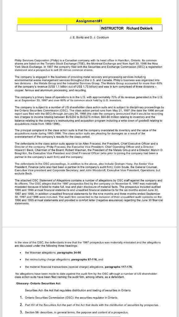  Assignment#1 INSTRUCTOR Richard Deklerk J. E. Boritz and D. J. Cockburn