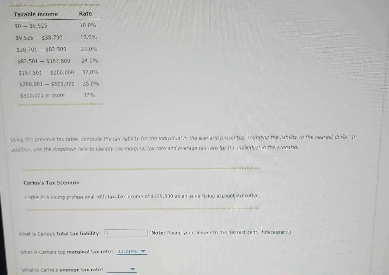  Using the previous tax table, compute the tax liability for the