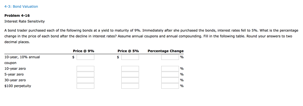 4-3: Bond Valuation Problem 4-16 Interest Rate Sensitivity A bond trader