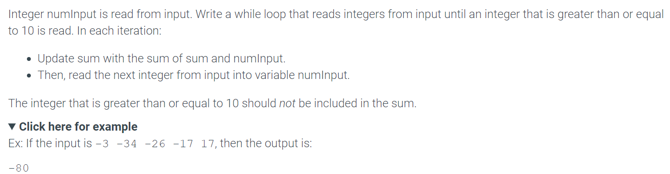  Integer numInput is read from input. Write a while loop that