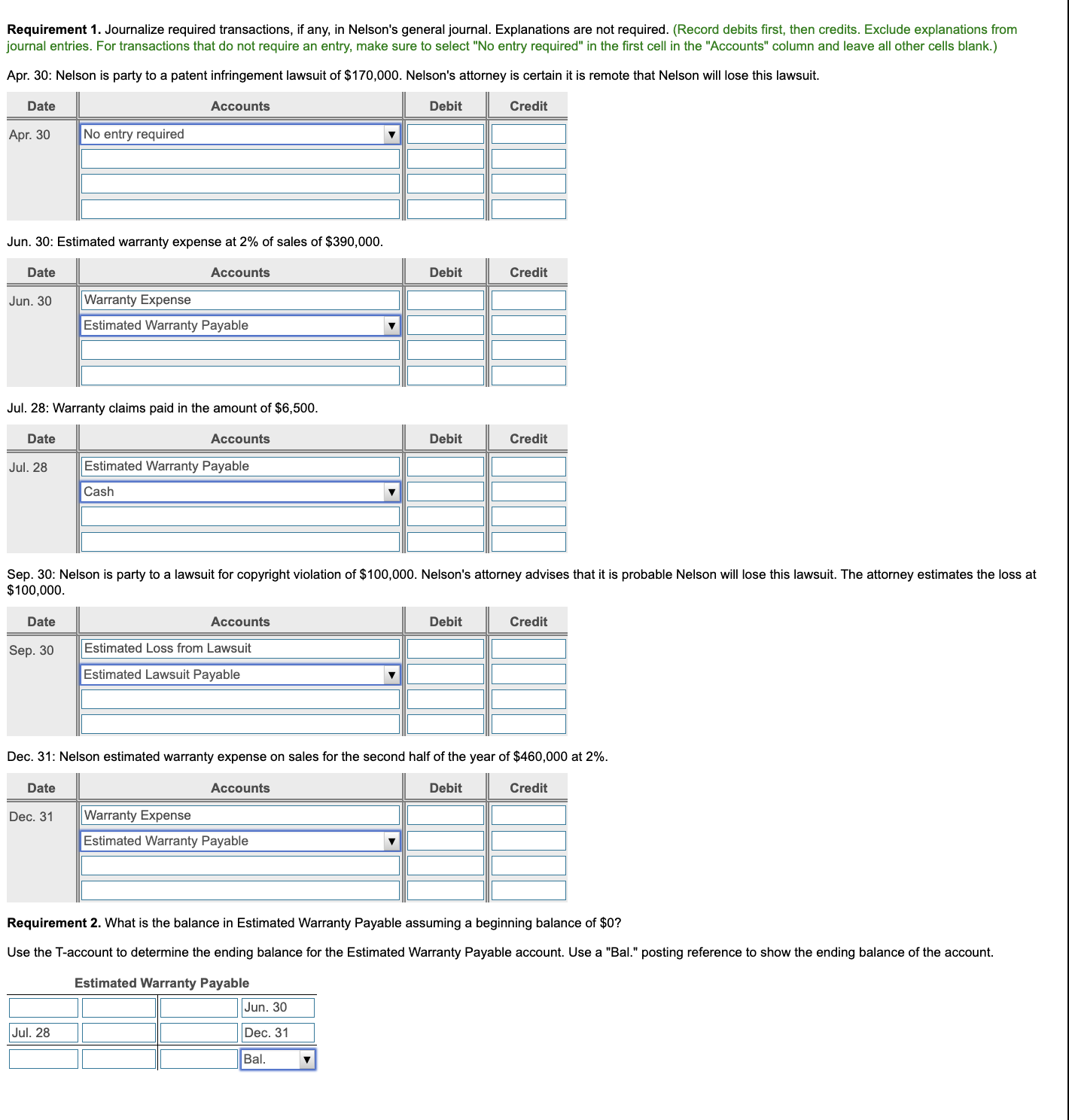 ff11 i need help Requirement 1. Journalize required transactions, if any, in