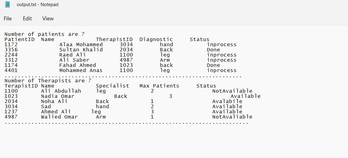 patient information: patient id, first name, last name, therapist id, diagnostic, and