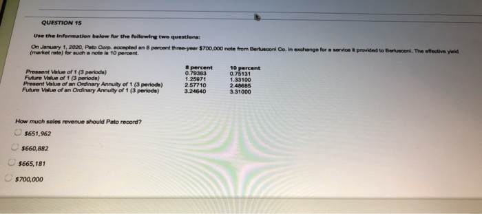 QUESTION 15 Use the information below for the following two questions
