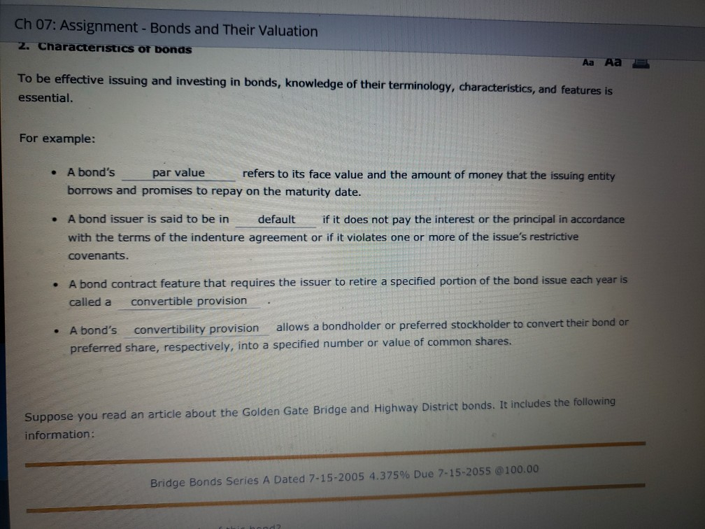  Ch 07: Assignment - Bonds and Their Valuation 2. Characteristics of