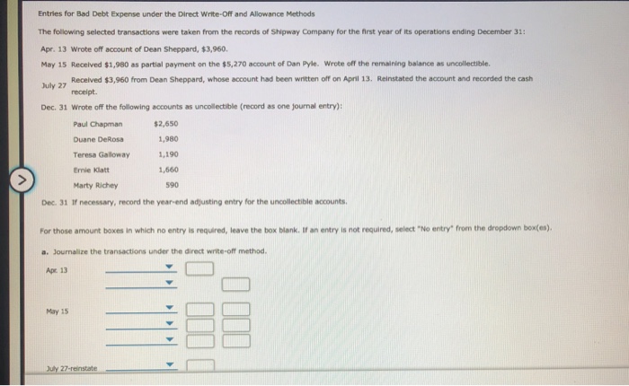  Entries for Bad Debt Expense under the Direct Write-Off and Allowance