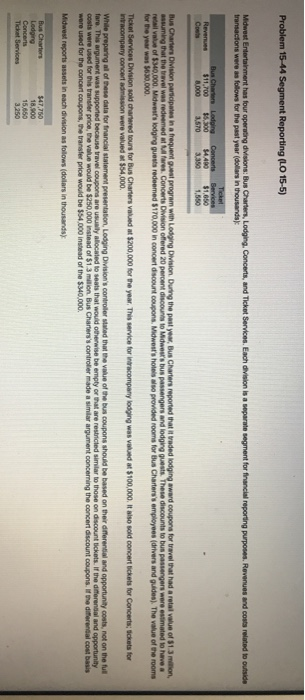  Problem 15-44 Segment Reporting (LO 15-5) Midwest Entertainment has four operating