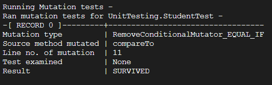 Unit Test Mutation Fail Result \begin{tabular}{l|l} Running Mutation tests & \\ Ran