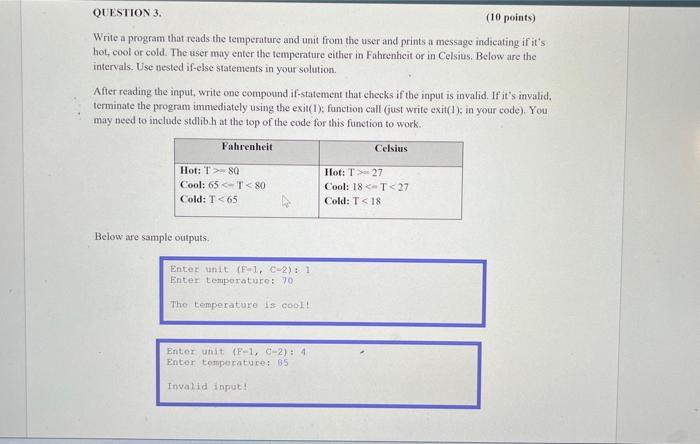 C language Write a program that reads the temperature and unit from