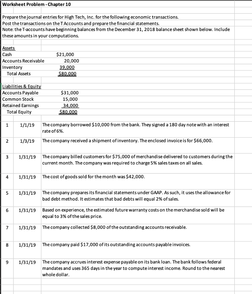  Worksheet Problem - Chapter 10 Prepare the journal entries for High