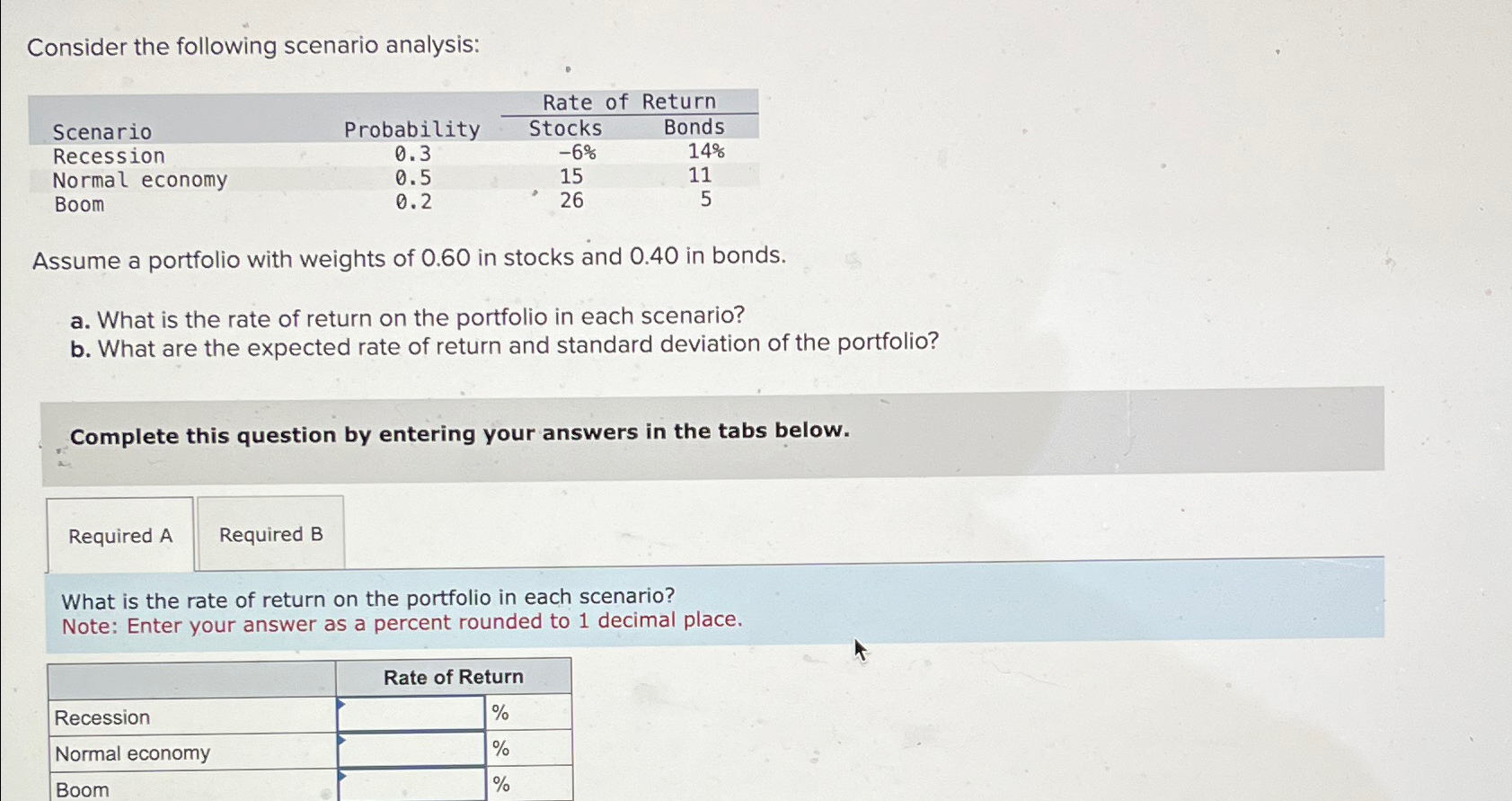  Consider the following scenario analysis: \table[[Scenario,,Probability,Rate of Return],[,Stocks,Bonds],[Recession,is,0.3,-6%,14% 