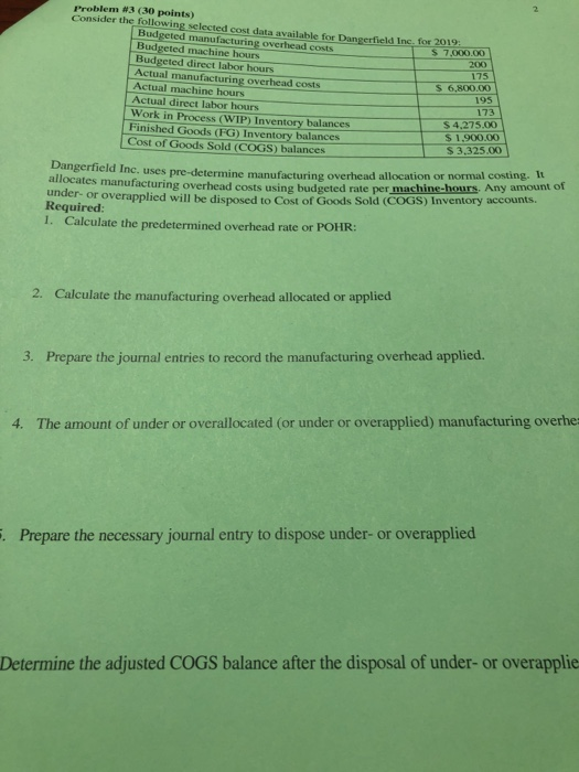  Problem #3 (30 points) Consider the following selected cost data available