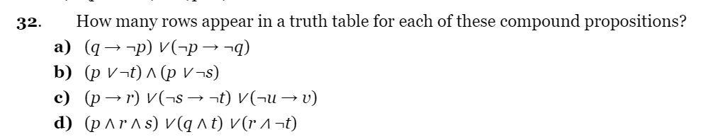 32. How many rows appear in a truth table for each