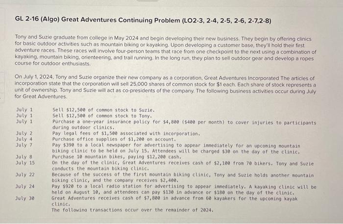 i need a journal entry for each one GL 2-16 (Algo) Great