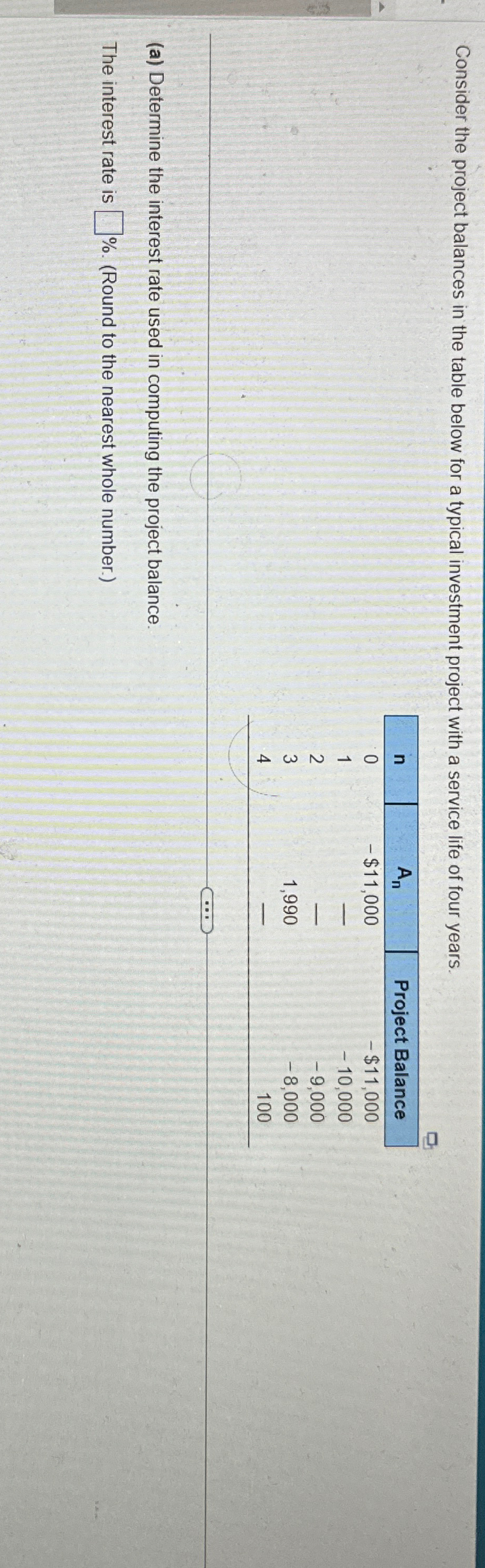  Consider the project balances in the table below for a typical