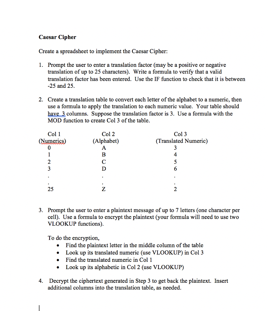  Caesar Cipher Create a spreadsheet to implement the Caesar Cipher: 1.