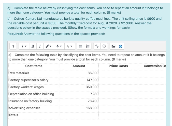  a) Complete the table below by classifying the cost items. You