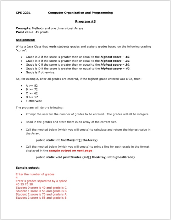  CPS 2231 Computer Organization and Programming Concepts: Methods and one dimensional