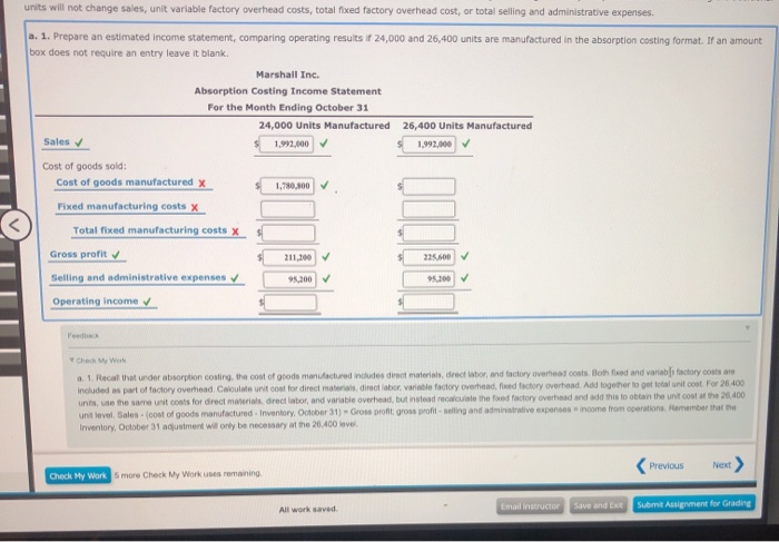 first month of operations ending October 31, Marshall Inc. estimated the following