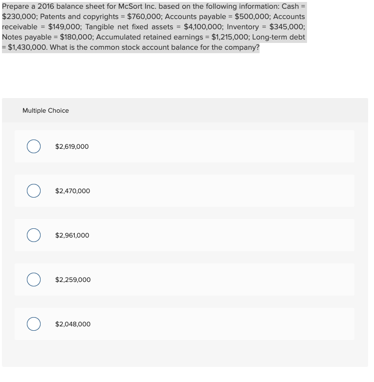 Prepare a 2016 balance sheet for McSort Inc. based on the
