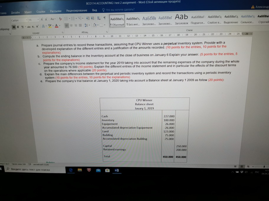 31, 2018, the company's inventory amounted to $100,000. During the year 2019,