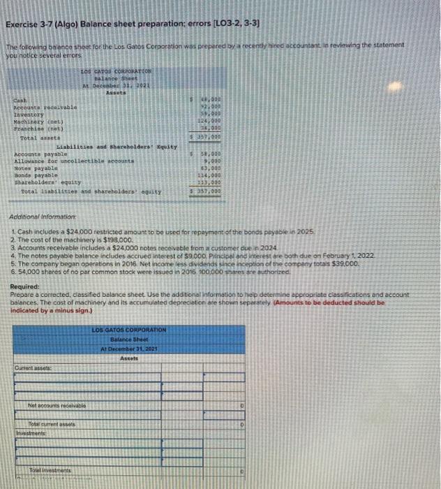  exercise 3-7 (algo) balance sheet preparation; errors [LO3-2,3-3] Exercise 3-7 (Algo)