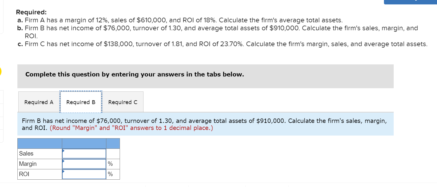 12%, sales of $610,000, and ROI of 18%. Calculate the firm's average