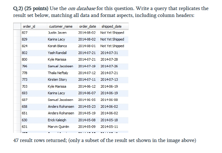 Q.2) (25 points) Use the om database for this question. Write