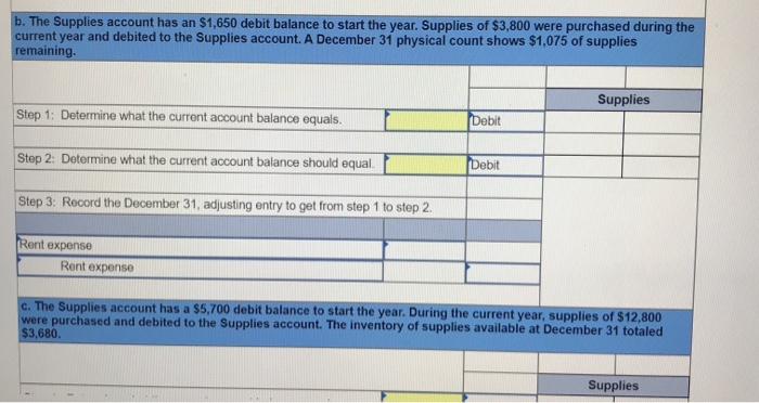 the Supplies asset account at December 31. Step 1: Determine what the