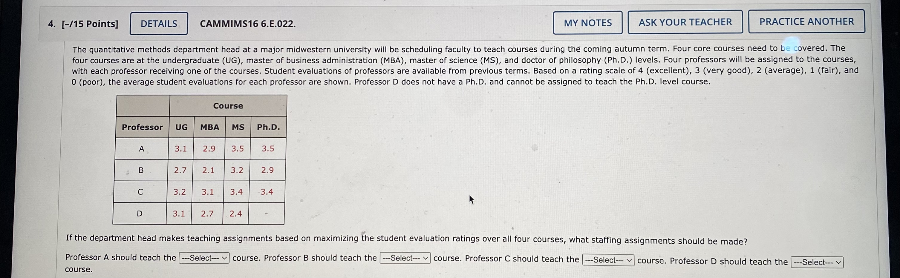  0 (poor), the average student evaluations for each professor are shown.