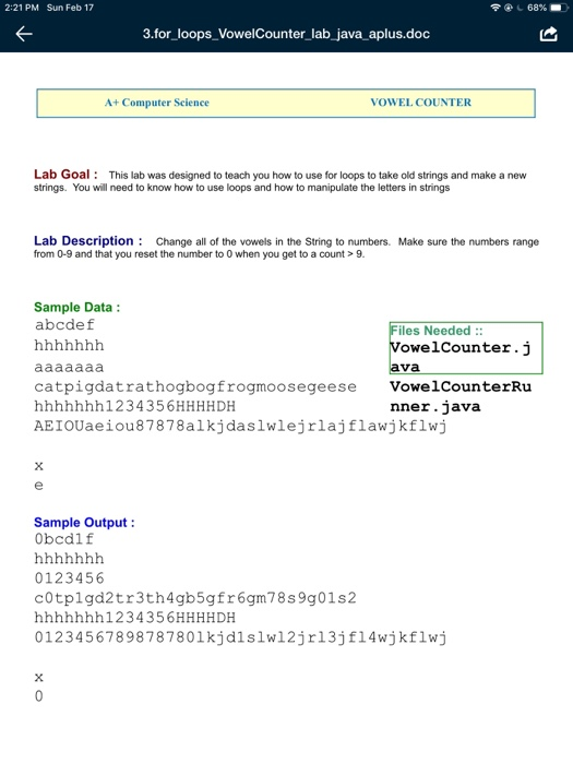  2:21 PM Sun Feb 17 3.for_loops VowelCounter_lab java_aplus.doc A+ Computer Science