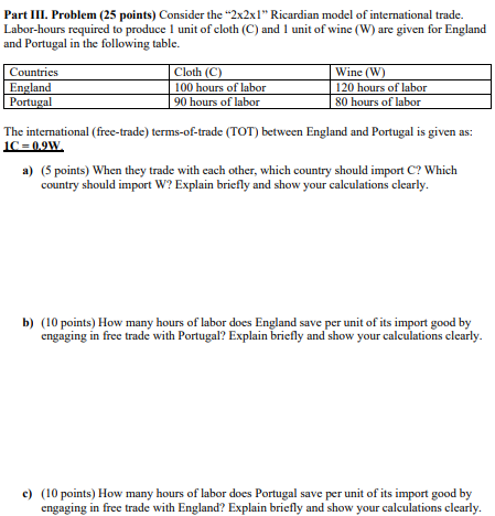 Part III. Problem (25 points) Consider the " 221 " Ricardian