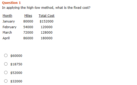  Question 1 In applying the high-low method, what is the fixed