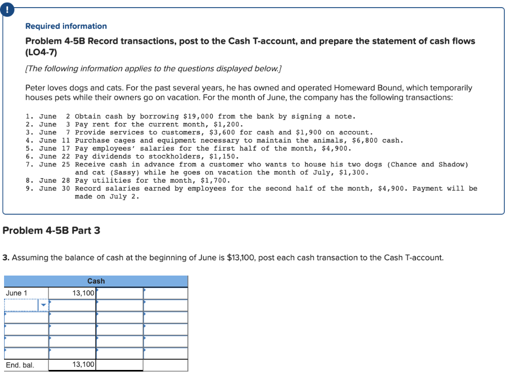 Required information Problem 4-5B Record transactions, post to the Cash T-account,