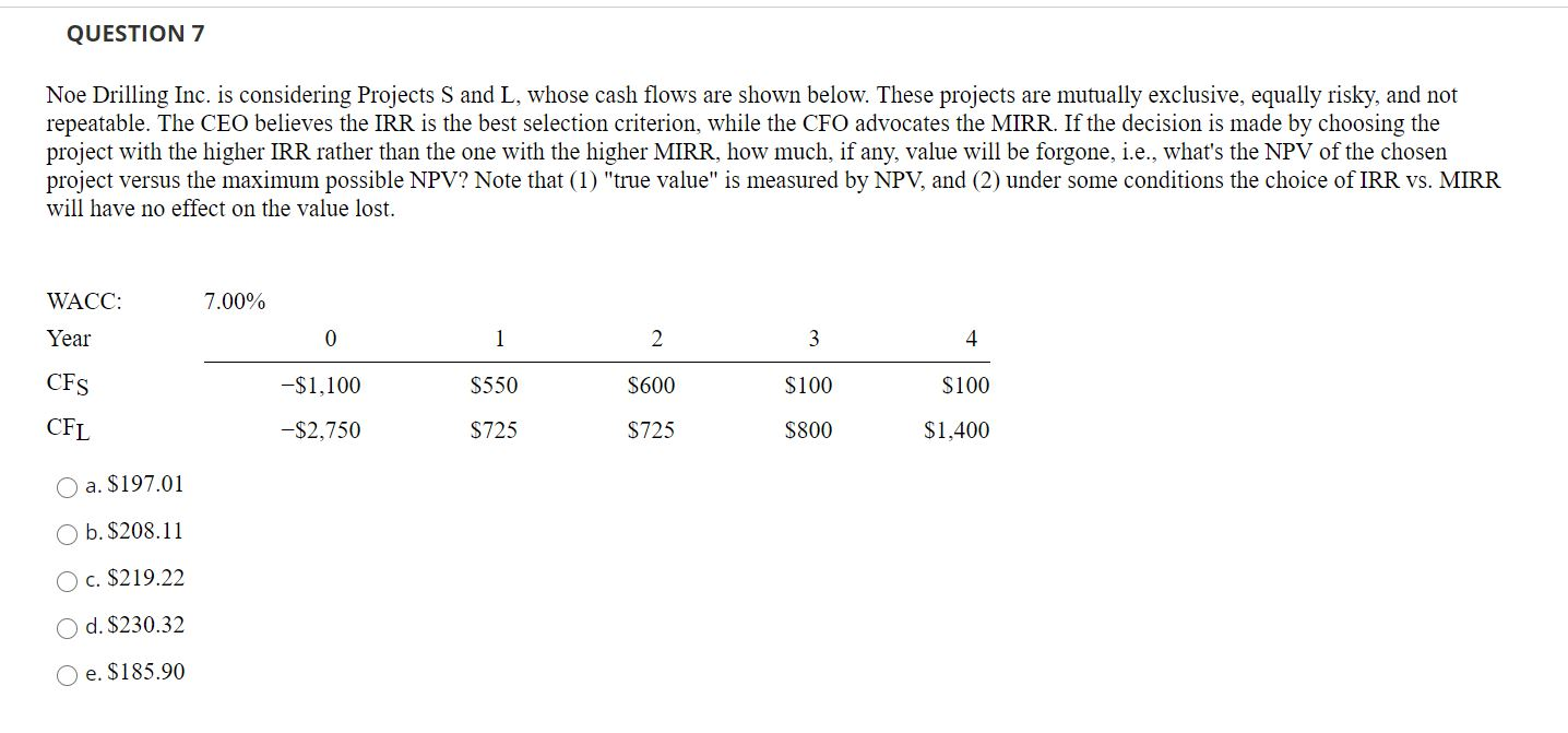  QUESTION 7 Noe Drilling Inc. is considering Projects S and L,