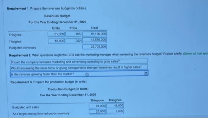 : 1. Revenues budget (in dollars) 2. What questions might the CEO